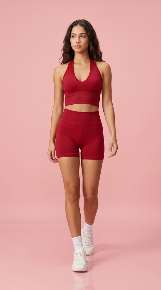 Seamless Sculpting Halter Top and High-Waisted Shorts Activewear Set